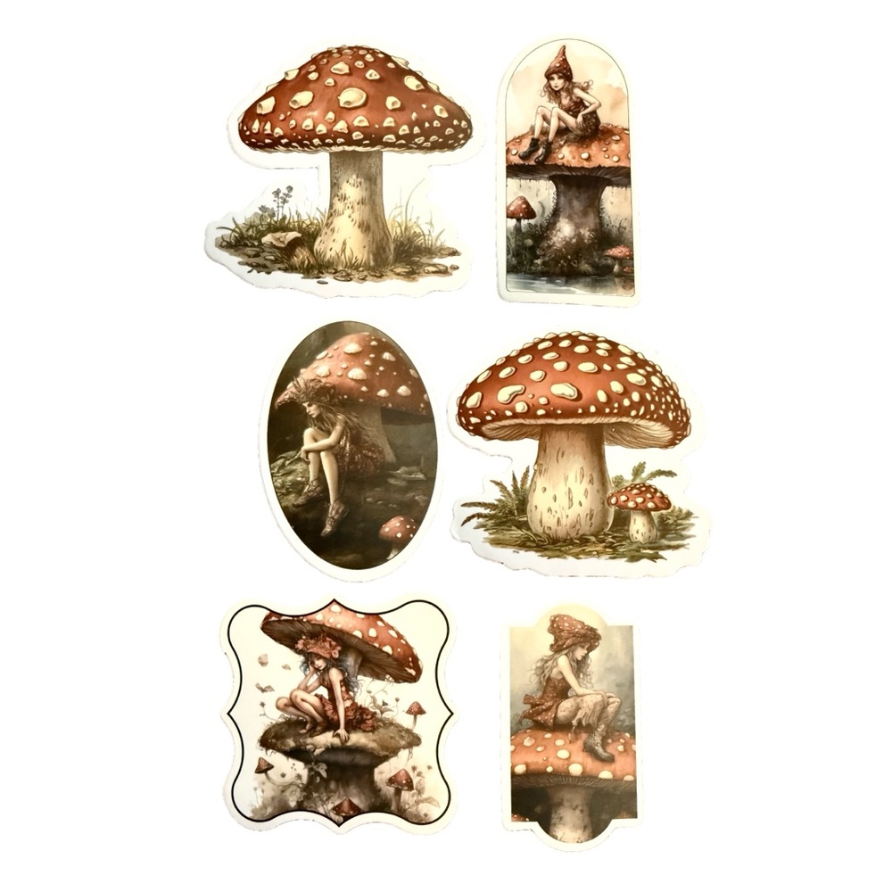 Vintage Nature & Fantasy Waterproof Stickers Fairies & Mushrooms Lot of 6